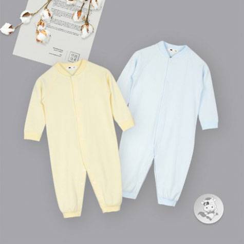 [2 Stück] Verantwortung männlich und weiblich Baby Bio-Baumwolle einteilige Pyjamas Wohnkleidung Krabbelkleidung europäischen Stil elegant einfarbig blau + gelb