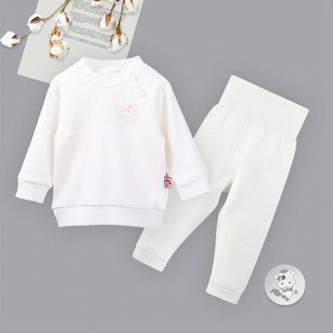 [2 Stück] Verantwortung männlich und weiblich Baby Bio-Baumwolle langärmelige Bottoming Shirt Vitalität einfarbig weiß + hohe Taille Bauchschutzhose original weiß